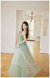 Green Tulle Straps Long Prom Dress, Light Green A-line Floor Length Party Dress