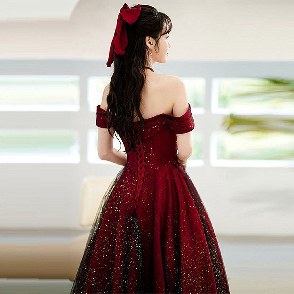 Chic Red and Black Off Shoulder Satin Evening Dress, Red and Black Lon