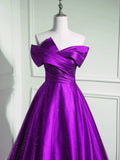 A-Line Off Shouolder Black And Purple Satin Party Dress, Long Prom Dress