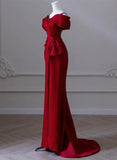 Wine Red Satin Off Shoulder Long Evening Dress, Wine Red Formal Dress Prom Dress