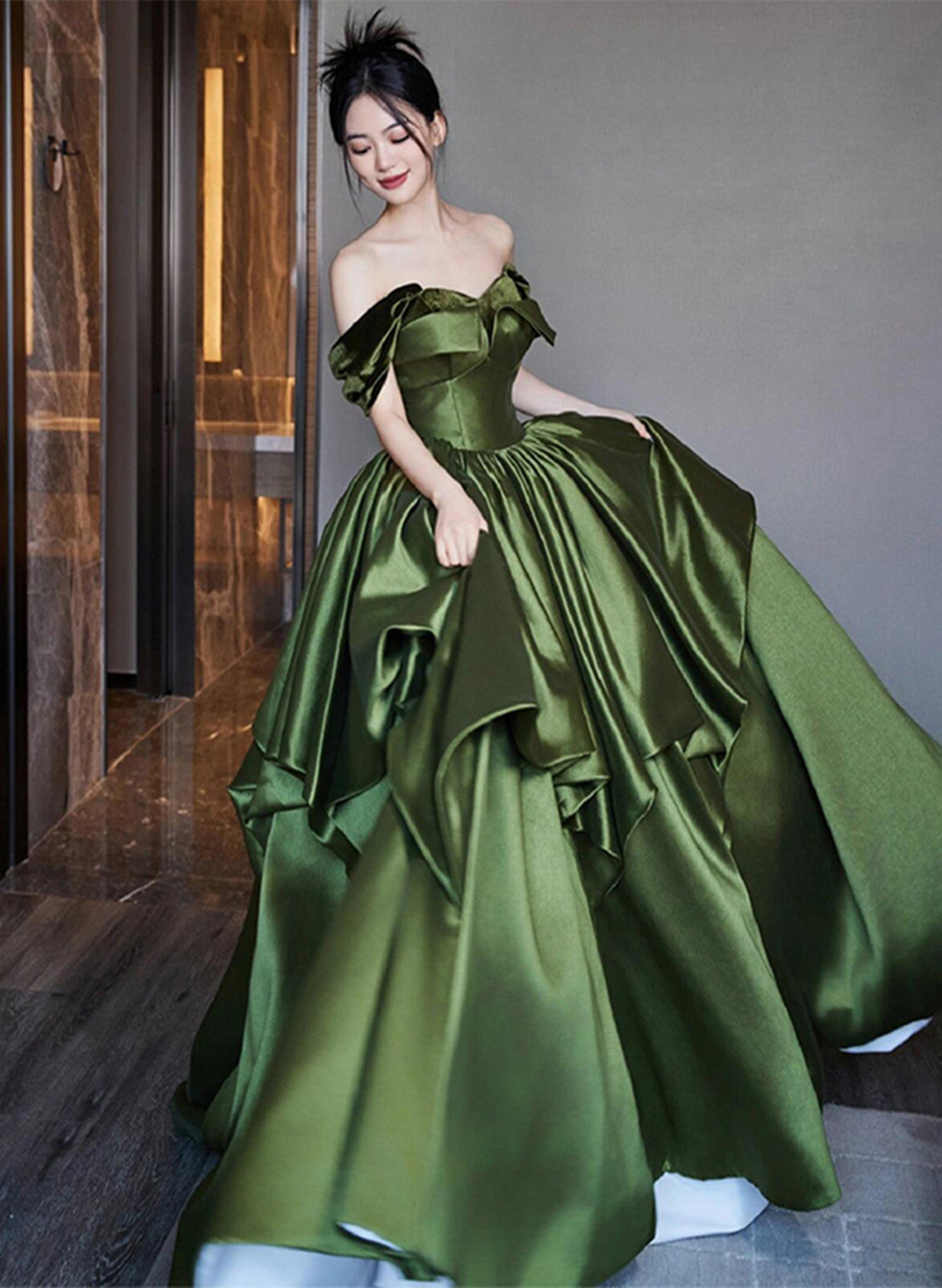 Green Satin Long Off Shoulder Princess Formal Dress, Green Satin Prom