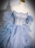 Blue Tulle Beaded Off Shoulder New Style Prom Dress, Blue Evening Dress Formal Dress