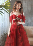 Lovely Wine Red Sweetheart Long Evening Dress, Wine Red Tulle Prom Dress