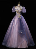 Pink and Purple Tulle Long Party Dress with Beadings, High Neckline Sweet 16 Dress