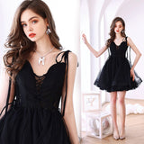 Black Tulle V-neckline Straps Knee Length Party Dress, Black Tulle Homecoming Dress