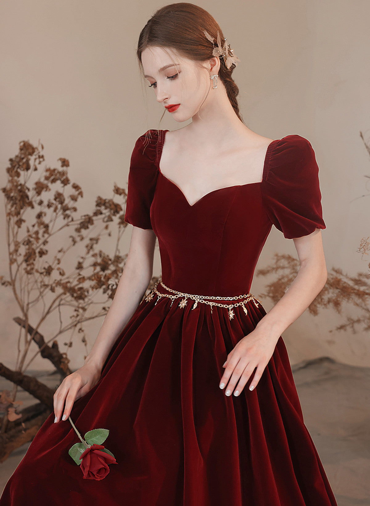 A-line Wine Red Short Sleeves Velvet Party Dress, Wine Red Long Prom Dress