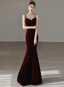 Wine Red Mermaid Straps Long Party Dress, Wine Red Velvet Long Prom Dress