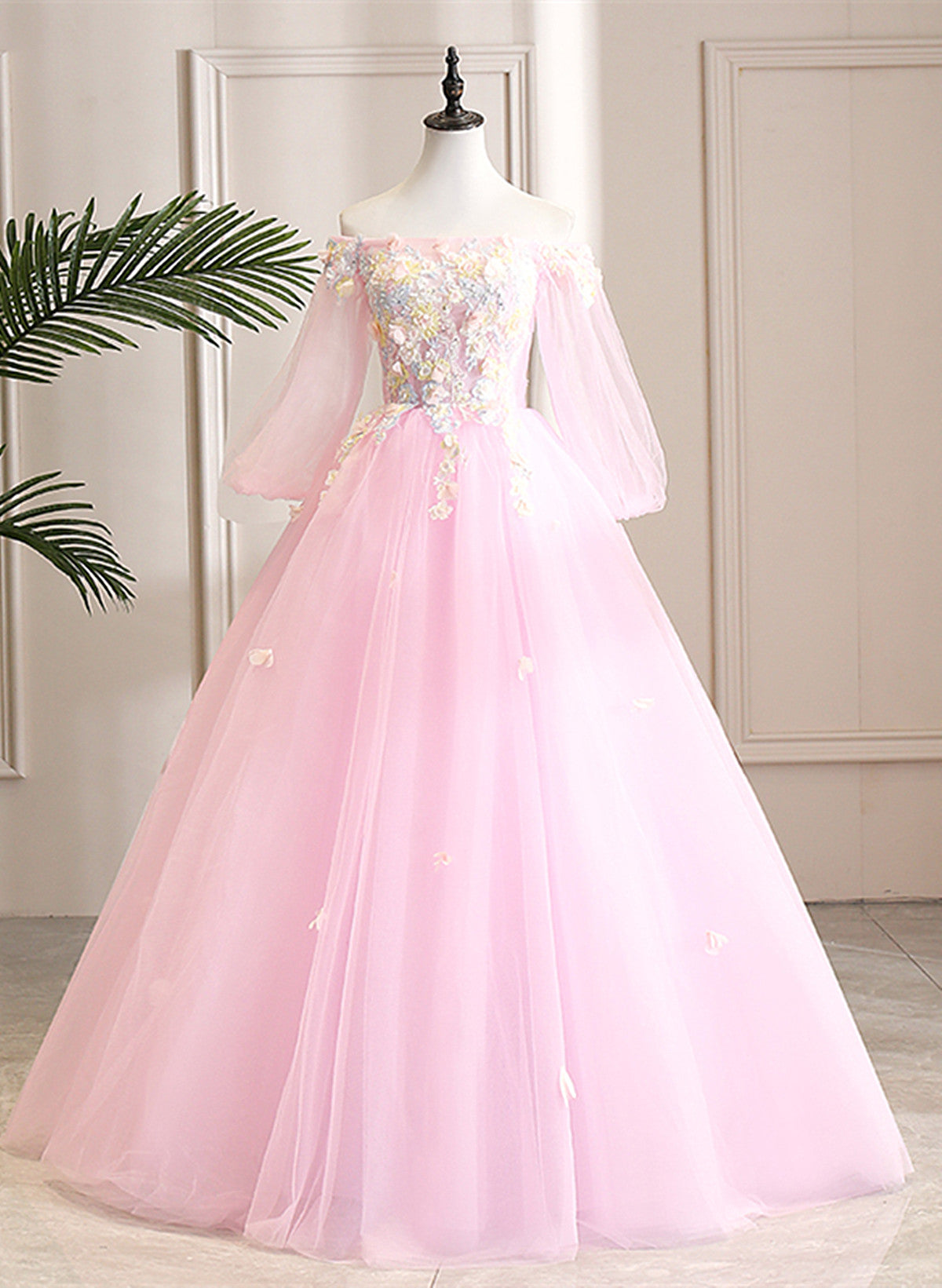 Pink Off Shoulder Tulle Ball Gown Formal Dress, Pink Flowers Party Dress Sweet 16 Dress