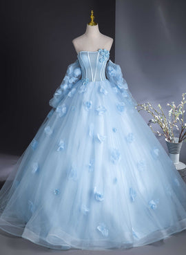 Cute Blue Tulle With Flowers Long Formal Dress, Blue Evening Gown Sweet 16 Dress