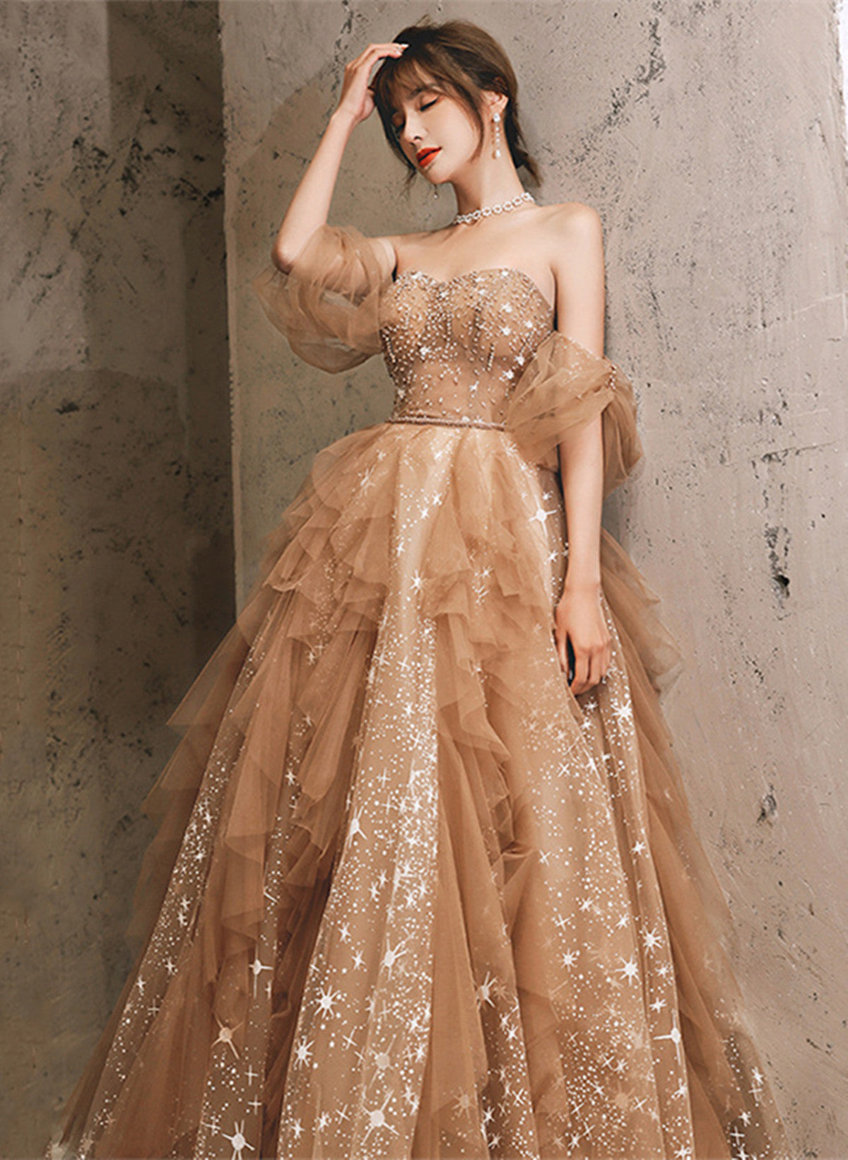 Champagne A-line Tulle Beaded Off Shoulder Prom Dress, Champagne Eveni