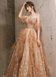 Champagne A-line Tulle Beaded Off Shoulder Prom Dress, Champagne Evening Dress