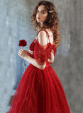 Lovely Wine Red Sweetheart Long Evening Dress, Wine Red Tulle Prom Dress