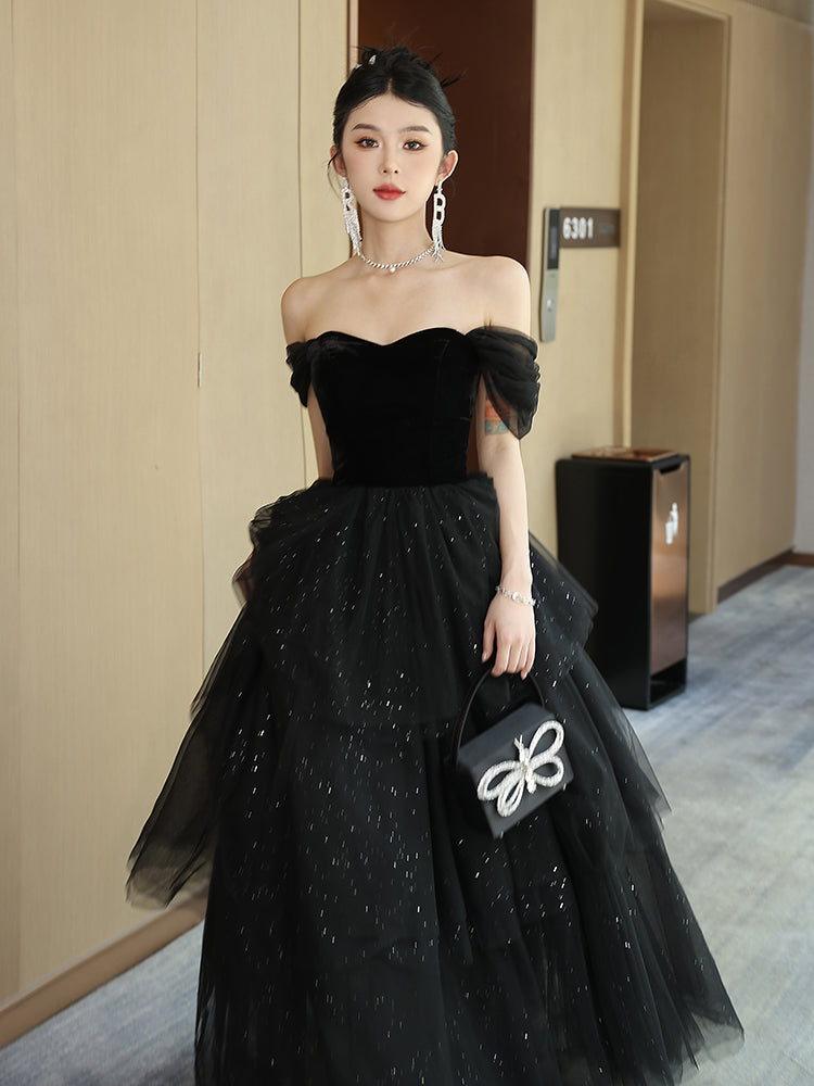 Black Off Shoulder Sweetheart Layers Long Formal Dress, Black Prom Dress Party Dress