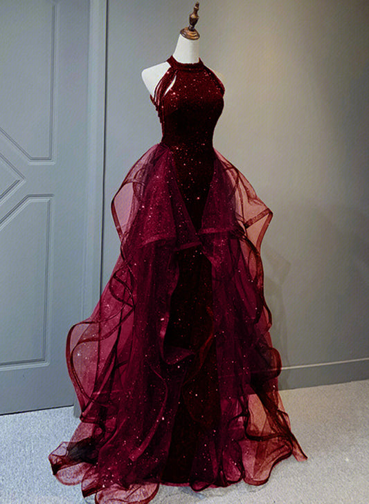 A-line Sequins with Tulle Wine Red Long Party Dress, Wine Red Halter Prom Dress