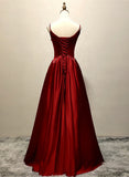 Wine Red Straps Satin Long Party Dress, Wine Red A-line Long Prom Dress