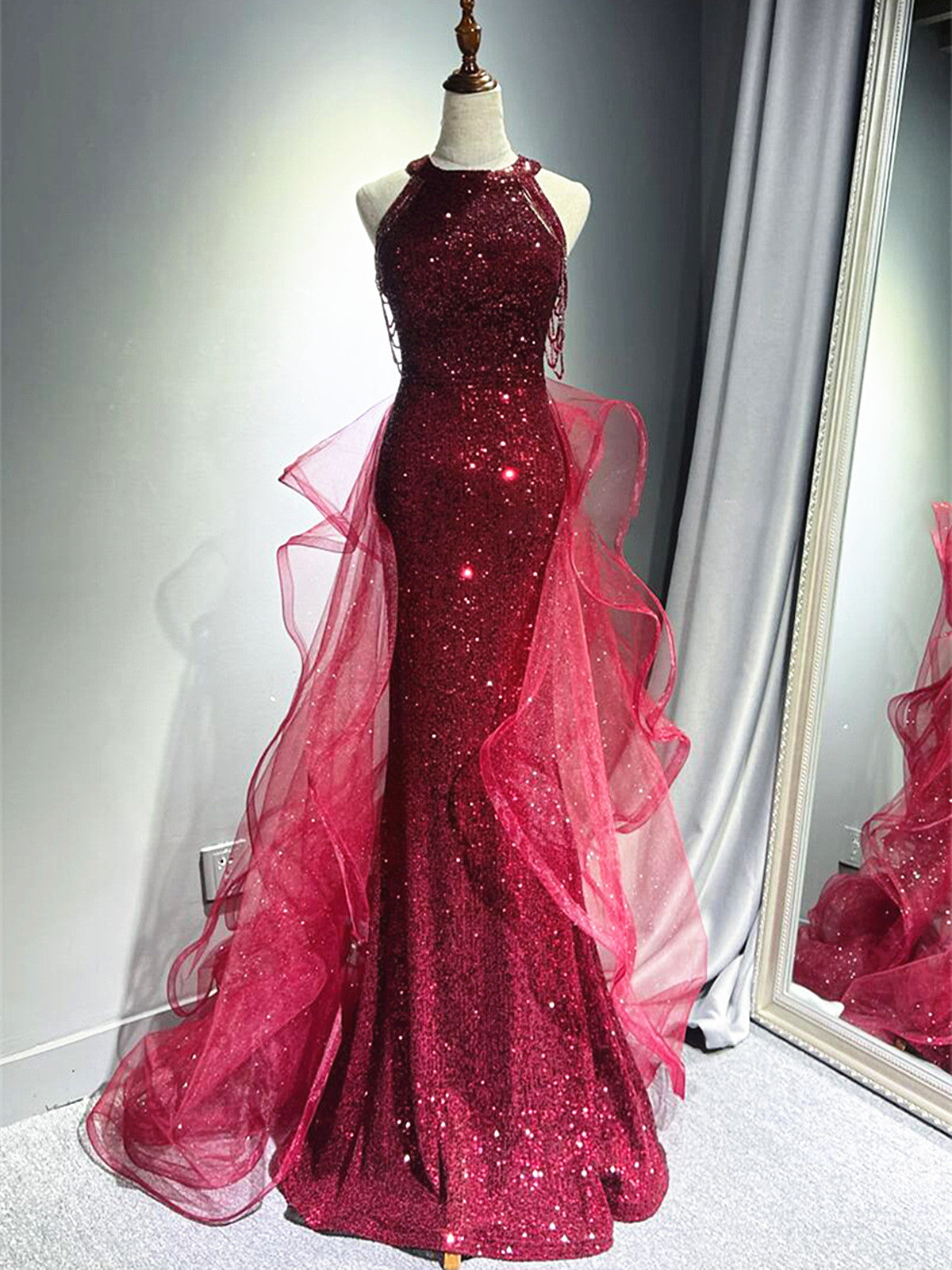 Wine Red Tulle and Sequins Halter Long Party Dress, Wine Red New Style Prom Dress