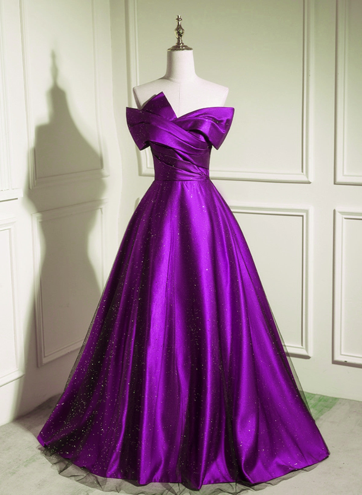 A-Line Off Shouolder Black And Purple Satin Party Dress, Long Prom Dre