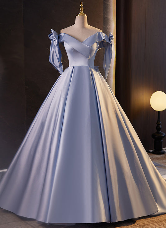 Blue Satin Off Shoulder Long Evening Dress Formal Dress, Blue Satin Prom Dress