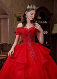 Glam Red Sweetheart Shiny Tulle Ball Gown Long Party Dress, Red Tulle Sweet 16 Dress