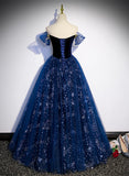 Lovely Navy Blue Tulle Off Shoulder Beaded Long Party Dress, Navy Blue Tulle Prom Dress