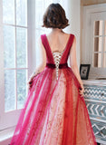 A-line Tulle Lace Long Formal Dress, Red Tulle V-neckline Prom Dress