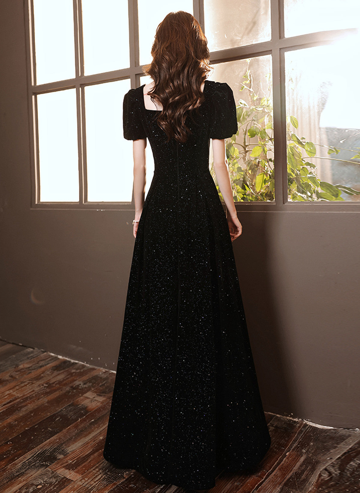 A-line black Velvet Simple Wedding Party Dress, Black Short Sleeves Prom Dress