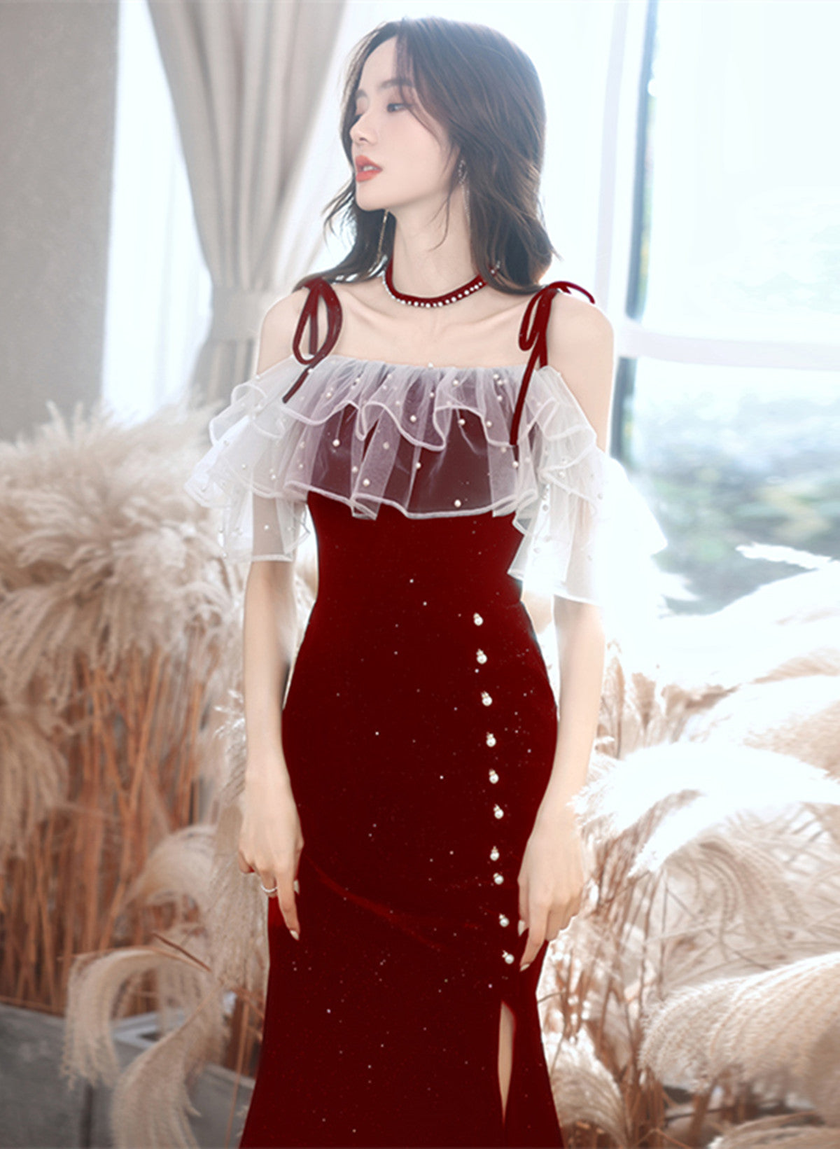 Dark Red Velvet Strapes Long Party Dress With Leg Slit, Dark Red Prom Dress