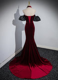 Off Shoulder Wine Red Mermaid Long Party Dress, Wine Red Velvet Prom Dress