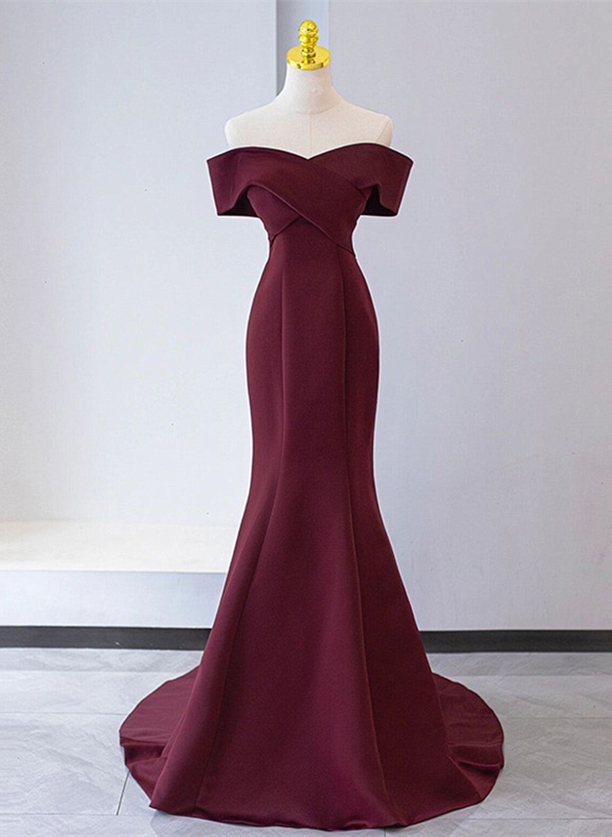 Wine Red Mermaid Lace-up Satin Long Formal Dress, Wine Red Off Shoulder Evening Dress