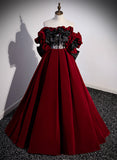 Dark Red Velvet Off Shoulder Party Dress, A-line Floor Length Prom Dress Formal Dress