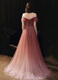 Gradient Tulle Pink Beaded Off Shoulder Party Dress, Pink Long Formal Dress Prom Dress