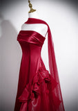 Elegant Strapless Wine Red Evening Gown with Organza Skirt, Wine Red Satin A-line Prom Dress