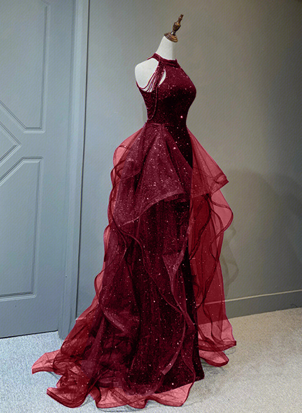 A-line Sequins with Tulle Wine Red Long Party Dress, Wine Red Halter P