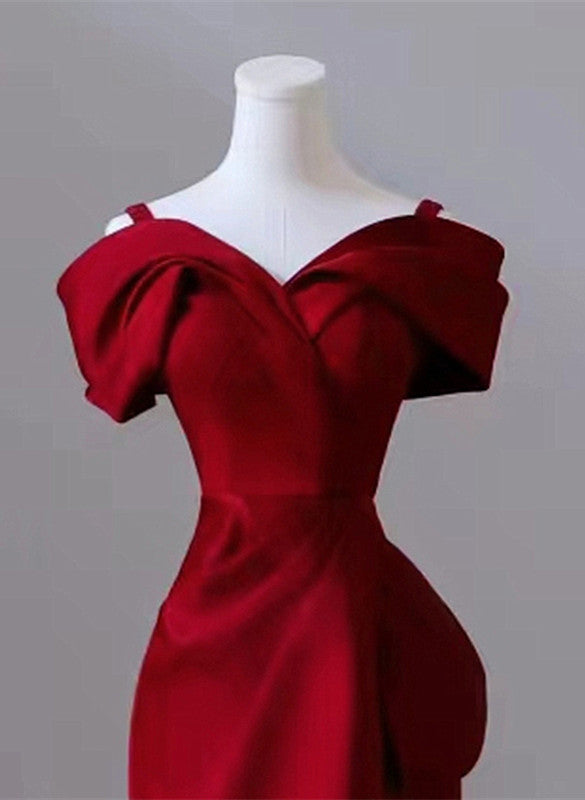 Wine Red Satin Off Shoulder Long Evening Dress, Wine Red Formal Dress Prom Dress