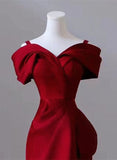 Wine Red Satin Off Shoulder Long Evening Dress, Wine Red Formal Dress Prom Dress