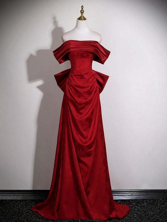 Wine Red Floral Satin Off Shoulder Prom Dress with Bow, Wine Red Satin Evening Dress