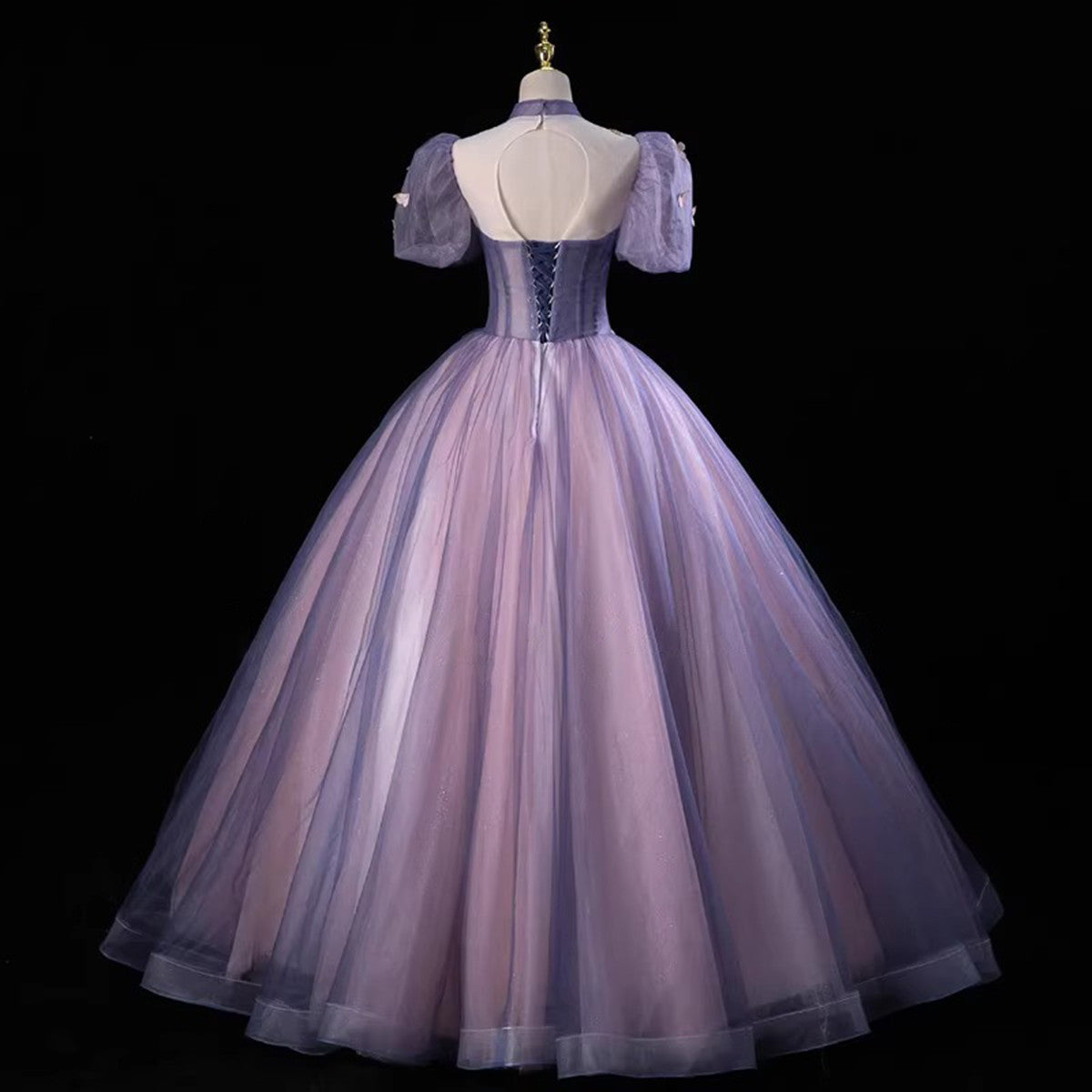 Pink and Purple Tulle Long Party Dress with Beadings, High Neckline Sweet 16 Dress