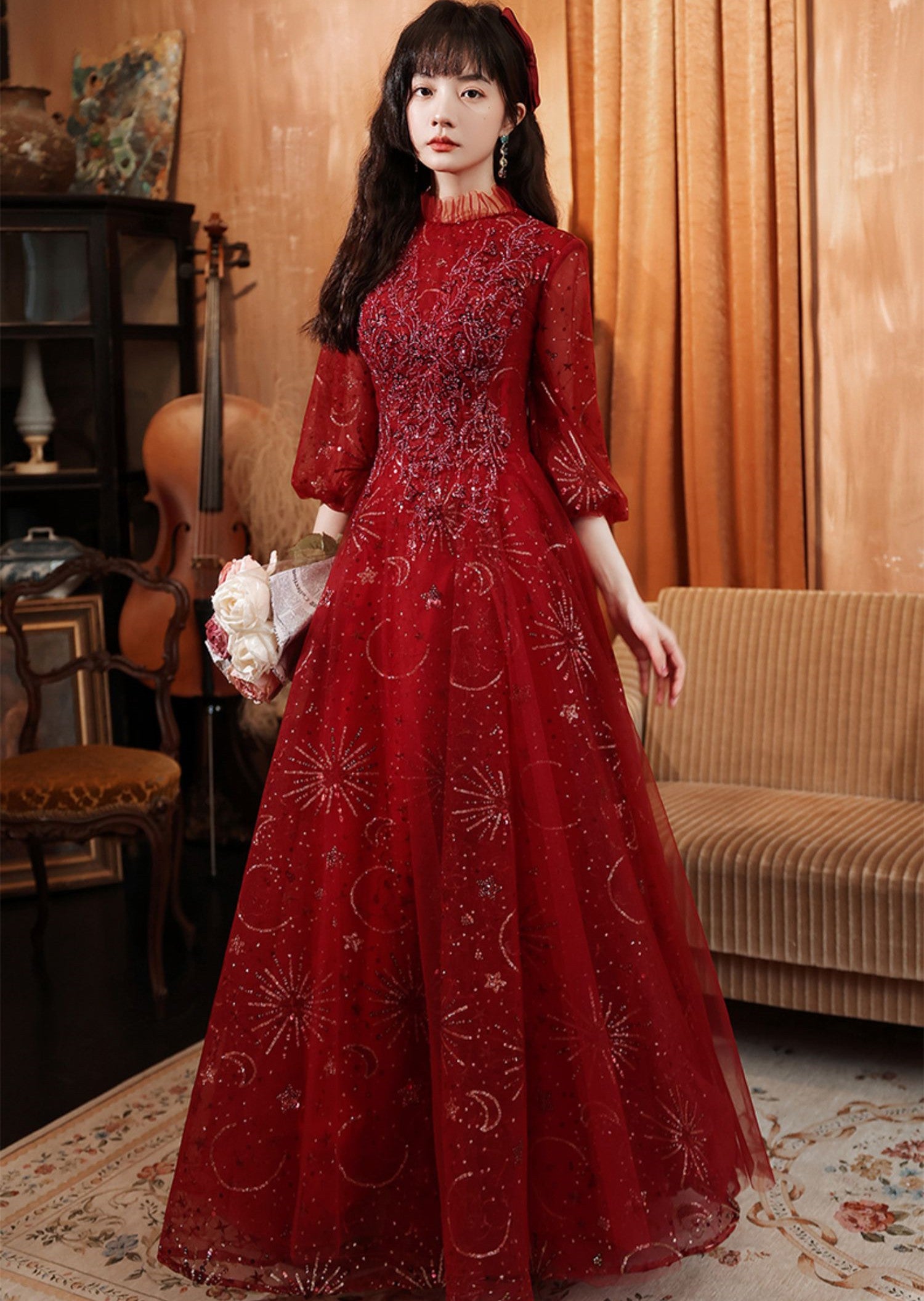 Beautiful Tulle Puffy Sleeves Long Party Dress, Wine Red Long Prom Dress Evening Dress