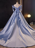 Blue Satin Off Shoulder Long Evening Dress Formal Dress, Blue Satin Prom Dress