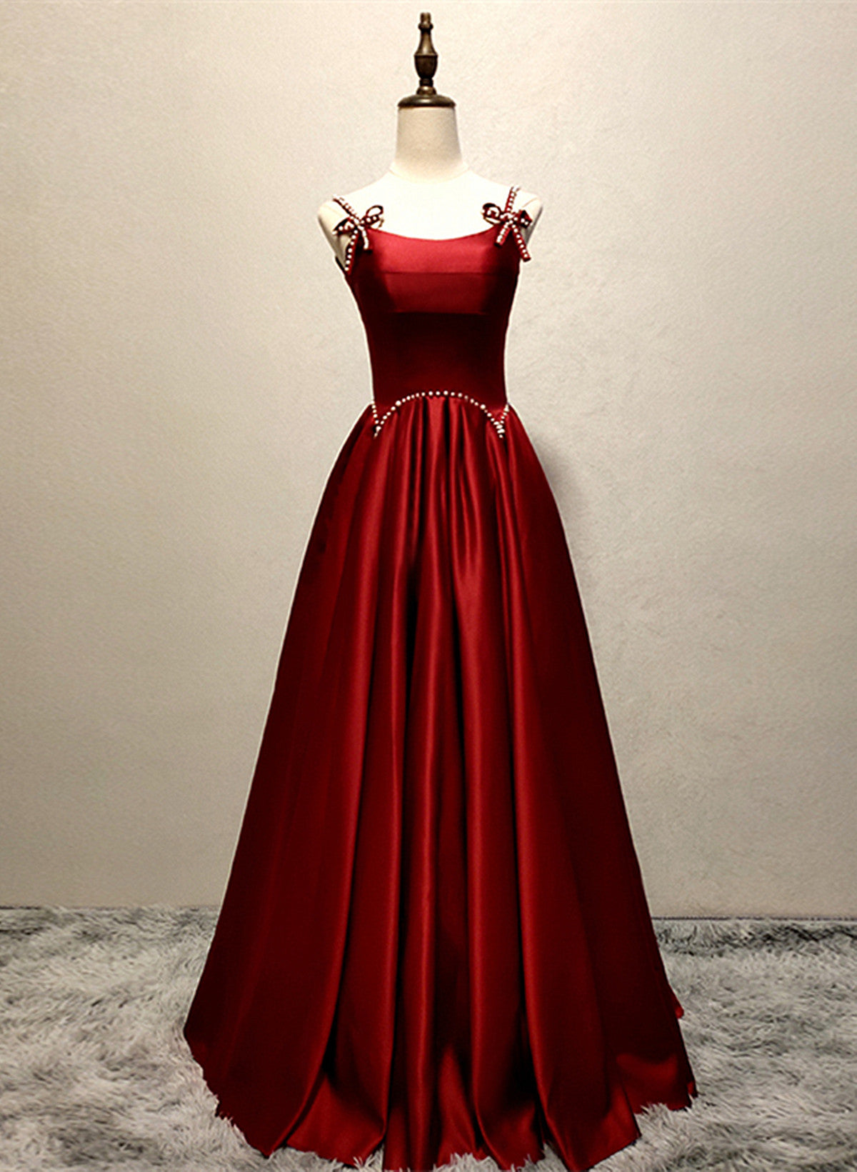 Wine Red Straps Satin Long Party Dress, Wine Red A-line Long Prom Dress