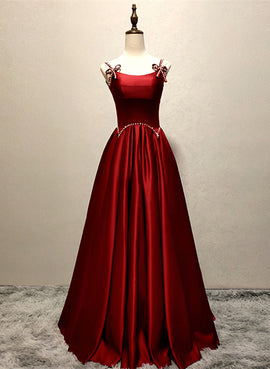 Wine Red Straps Satin Long Party Dress, Wine Red A-line Long Prom Dress