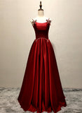 Wine Red Straps Satin Long Party Dress, Wine Red A-line Long Prom Dress