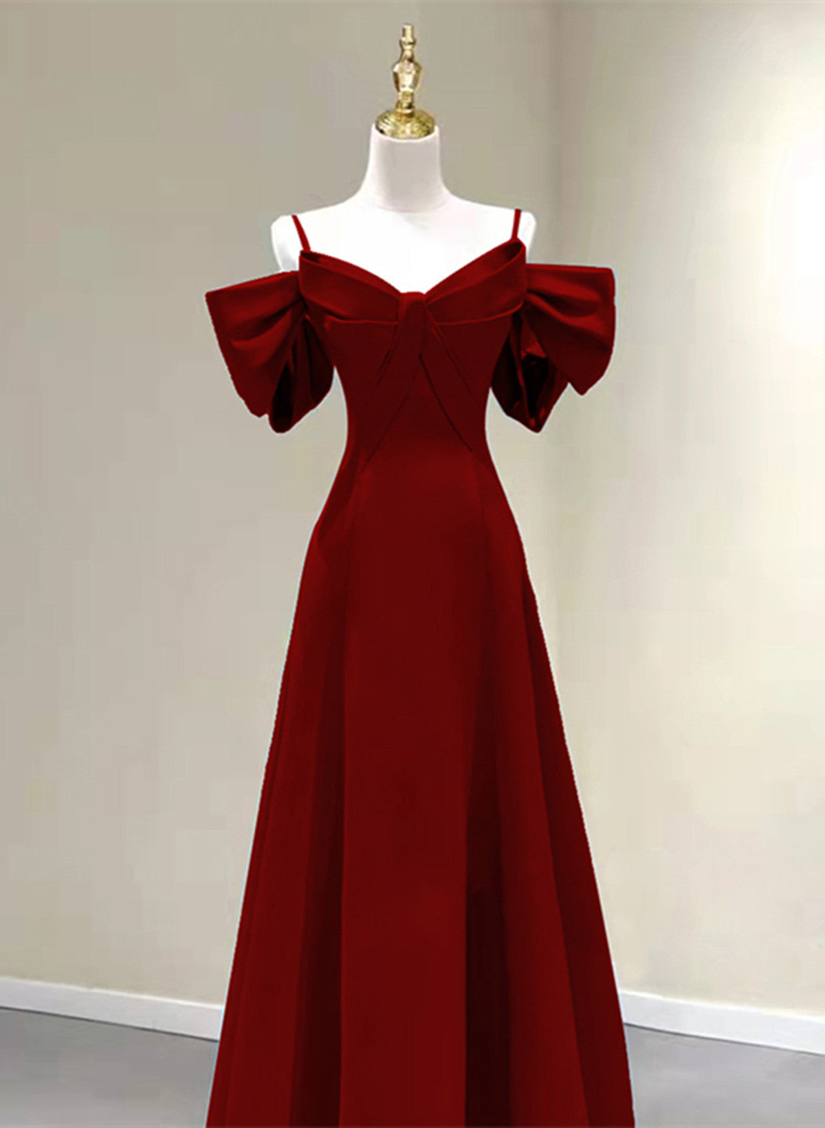 Off Shoulder Wine Red Satin Long Party Dress, A-line Wine Red Prom Dress