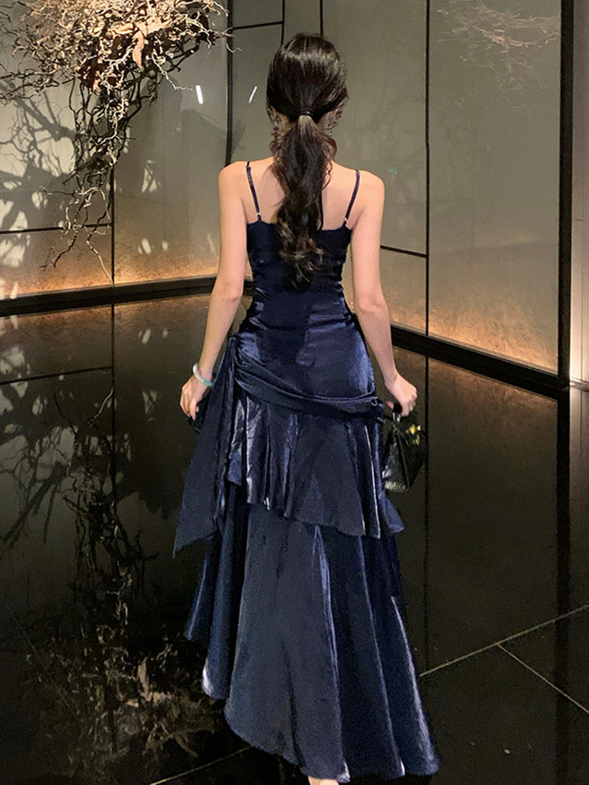Navy Blue Satin Mermaid Straps Evening Dress, Navy Blue Long Prom Dress Evening Dress