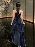 Navy Blue Satin Mermaid Straps Evening Dress, Navy Blue Long Prom Dress Evening Dress