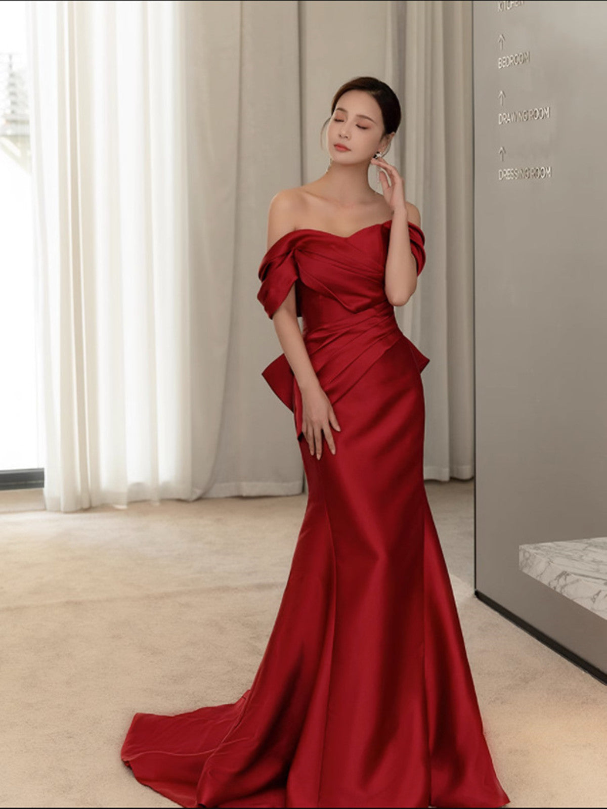 Wine Red Satin Mermaid Long Party Dress with Bow, Wine Red Off Shoulder Prom Dress