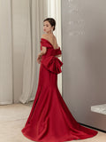 Wine Red Satin Mermaid Long Party Dress with Bow, Wine Red Off Shoulder Prom Dress