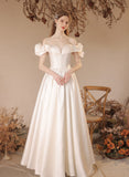 White Off Shoulder Satin Sweetheart Long Formal Dress, A-Line Satin White Prom Dress