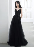 Black Tulle V-Neckline Straps Long Party Dress, Black Beaded Tulle Prom Dress