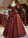 A-line Satin Short Sleeves Long Prom Dress, Satin Simple Evening Dress